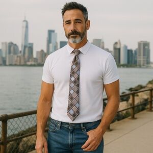 Perry Ellis Portfolio Vintage Tan & Blue Plaid 100% Silk Tie